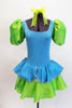 Bright turquoise and neon green dress has shimmery bodice, pouffe sleeves and sequin edged peplum. Comes with green hair bow. Great musical theatre costume. Front