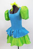 Bright turquoise and neon green dress has shimmery bodice, pouffe sleeves and sequin edged peplum. Comes with green hair bow. Great musical theatre costume. Side