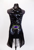Black patent look tailcoat style dress has high collar, zipper at back and opens to reveal a layer of black sparkle tulle. The dress has military style button accents and award pin broach accent above left bust. Comes with separate black briefs and pull on patent leg covers. Back
