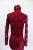 Deep red short unitard has high collar and long sleeves. The entire back and right sleeve is comprised of floral lace with matching insert lace panels at left shoulder, left hip and left wrist. Comes with deep red matching rose hair accessory. Back