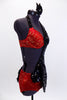 Red velvet halter bra and matching brief has inlaid gold swirl patterns and a black sequin covered shawl-like half-dress that originates from the left shoulder, wrapping around bust to the right hip. The open back has three nude coloured straps to hold the bra in place. (32A). Comes with matching hair accessory. Right Side