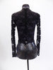 Long sleeved leotard has lace back and sleeves. The brief portion is silver with a black mesh overlay. The front of the leotard is covered in iridescent sequins and has a large jeweled belt which snaps at the back. Comes with a silver and black hair accessory. Back
