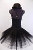  pleated, tacked tutu with ruffled panty. The Costume is completed with a black bowler hat with crystal accents. Back