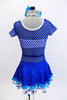 With sparkle bra top sits below a large weave blue mesh dress with white piping. The attached shimmery skirt has an aqua ruffle and a white petticoat with blue stars. Comes with matching hair accessory. Back