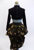 Army inspired costume has olive and gold crackle look high-waist brief that sits below a lined ruched camouflage skirt with wide studded belt. The gold sequined bra is lined with crystals and has a chain broach accent in the center (30A). The costume is completed with a black long sleeved half top with zip-up back, cut-out front and crystal covered chain-mesh epauletts. Comes with gold spiked hair accessory. Back