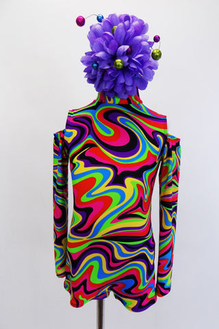 Short unitard with high neck, open shoulders & keyhole back has kaleidoscope of bright colour swirls. 1960’s inspired look. Comes with large  hair accessory. Front