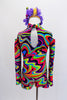 Short unitard with high neck, open shoulders & keyhole back has kaleidoscope of bright colour swirls. 1960’s inspired look. Comes with large  hair accessory. Back