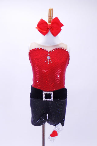 Red sparkle leotard with crystaled sweetheart neckline &clear mesh shoulders, has matching black sparkle shorts with crystal buckle accent, garter and hair bow. Front