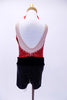 Red sparkle leotard with crystaled sweetheart neckline &clear mesh shoulders, has matching black sparkle shorts with crystal buckle accent, garter and hair bow. Back