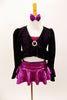 Three piece costume has magenta bra top & ruffled skirt. The ruffled crop coat has long trumpet sleeves & crystal broach accent. Comes with bow hair accessory. Front
