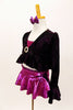 Three piece costume has magenta bra top & ruffled skirt. The ruffled crop coat has long trumpet sleeves & crystal broach accent. Comes with bow hair accessory. Side