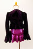 Three piece costume has magenta bra top & ruffled skirt. The ruffled crop coat has long trumpet sleeves & crystal broach accent. Comes with bow hair accessory. Back