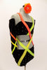 Black velvet short is attached to half top with wide neon straps that criss-cross in an intricate pattern. Comes with matching gauntlets and hair accessory. Right Side