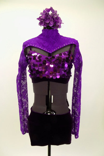 Large sequin covered purple velvet bra & purple lace mini-shrug with crystals. Purple velvet shorts complete the outfit. Comes with large purple hair accessory. Front