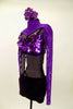 Large sequin covered purple velvet bra & purple lace mini-shrug with crystals. Purple velvet shorts complete the outfit. Comes with large purple hair accessory. Side