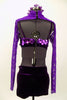 Large sequin covered purple velvet bra & purple lace mini-shrug with crystals. Purple velvet shorts complete the outfit. Comes with large purple hair accessory. Back
