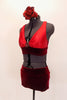 Red, halter bra top has triangle bust with broach accent, deep red velvet  band and matching red velvet shorts (can be decorated).  Great for contemporary piece. Comes with red floral hair accessory. (NEW)  Side