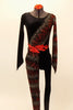 Full black unitard has scoop front & low back. Left leg & right arm have waves of red & silver flame patterns & red waist applique. Has matching sequined hair accessory.