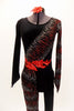 Full black unitard has scoop front & low back. Left leg & right arm have waves of red & silver flame patterns & red waist applique. Has matching hair accessory. Front zoomed