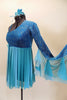 Turquoise glitter-velvet, one shoulder A-line dress with single long sleeve, has soft chiffon draping extending to wrist. Chiffon skirt fades from dark to light aqua and had bow accent on right waist. Comes with matching hair accessory. Right Side