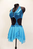 Aqua sequined bra top has triple strap front closure & criss-cross back. Matching skirt has layers of crystaled chiffon. Comes with floral hair accessory. Side