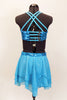 Aqua sequined bra top has triple strap front closure & criss-cross back. Matching skirt has layers of crystaled chiffon. Comes with floral hair accessory. Back