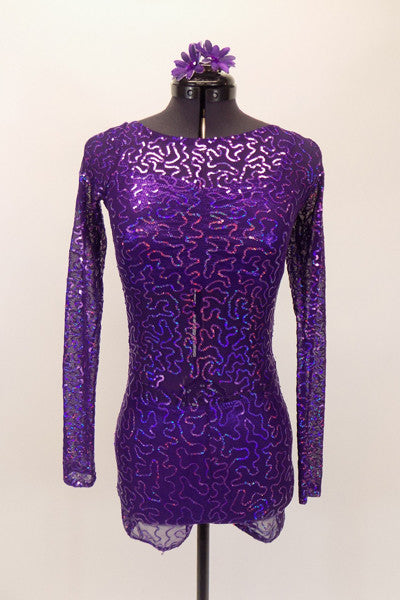 The three piece costume consists of a purple sheer sequined leotard that covers a purple metallic bra top and matching briefs. Comes with hair accessory. Front