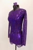 The three piece costume consists of a purple sheer sequined leotard that covers a purple metallic bra top and matching briefs. Comes with hair accessory. Side