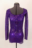 The three piece costume consists of a purple sheer sequined leotard that covers a purple metallic bra top and matching briefs. Comes with hair accessory. Back