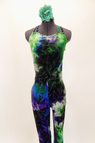 Full unitard with waves of purples greens and blues is accented throughout with Swarovski crystals. Comes with hair accessory. Front