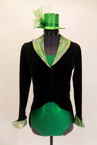 Black tailcoat has green collar, and matching green mini top hat. Front