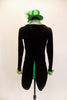 Black tailcoat has green collar, and matching green mini top hat. Back