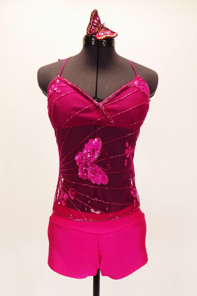 The deep raspberry pink mesh halter top has lined bust area  and tie back reinforced with cleat elastic straps. The intricate bead-work had sequined butterflies and lace edging. Comes with matching shorts and a butterfly hair accessory. Front