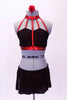 Black and red, glitter print, two piece costume, has five crystal covered straps that attach to a red choker style collar. The matching short/skirt has crystal edged side slit. Comes with red sparkled hair accessory. Front