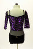 Leotard has purple sequined upper bodice and sheer black mesh torso & matching black shorts with crystal accents . Comes with matching hair accessory. Back 