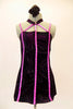 Black swirl velvet, A-line baby-doll dress has attached panty, and crystal lined vertical pink accents. The pink stripe accents come together at the velvet choker collar. Comes with hair accessory. Front