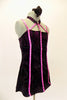 Black swirl velvet, A-line baby-doll dress has attached panty, and crystal lined vertical pink accents. The pink stripe accents come together at the velvet choker collar. Comes with hair accessory. Right Side
