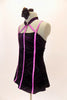 Black swirl velvet, A-line baby-doll dress has attached panty, and crystal lined vertical pink accents. The pink stripe accents come together at the velvet choker collar. Comes with hair accessory. Left Side