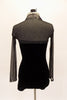 Black velvet short unitard has white halter sequined bust and a separate sheer black sparkle mini shrug. Comes with matching hair accessory. Back