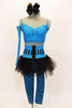 Turquoise and black striped leggings with crystal accents comes with black tutu skirt that has a matching stripped corset style waistband. There is also a turquoise half bra top and long arm gauntlet. Front