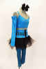 Turquoise and black striped leggings with crystal accents comes with black tutu skirt that has a matching stripped corset style waistband. There is also a turquoise half bra top and long arm gauntlet. Left Side