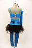Turquoise and black striped leggings with crystal accents comes with black tutu skirt that has a matching stripped corset style waistband. There is also a turquoise half bra top and long arm gauntlet. Back