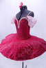 Deep cherry red velvet 10-layer white pleated platter tutu has attached ruffled panty. The velvet overlay and bodice has pink and silver branch design in the fabric. The sweetheart neckline has white lace trim with tiny rose accents and gathered chiffon shoulder drapes. Comes with matching floral hair accessory. Side