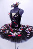  Black tutu with velvet bodice has hook & eye closure along back. The bodice is attached to bask of the crisp 10-layer pleated black tulle and ruffled panty.  The overlay and front bodice is adorned with hundreds of colorful feathers. Front