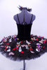  Black tutu with velvet bodice has hook & eye closure along back. The bodice is attached to bask of the crisp 10-layer pleated black tulle and ruffled panty.  The overlay and front bodice is adorned with hundreds of colorful feathers. Back