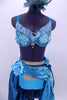 Aqua and teal costume has laced bra with silk roses & crystal broach. Separate panty & teal ruched taffeta skirt with beaded appliques. Many Swarovski crystals. Comes with teal hair accessory. Front zoomed