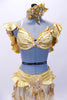 Gold satin pleated bra top has sequined ruffle along shoulders and black. The skirt is sheer sequined-beaded gold lace that opens at the front and has a wide satin gathered waist band with peplum ruffle. The crowning touch is the very large Swarovski crystal covered belt accent. Costume comes with matching gold sequined hair accessory. Front zoom