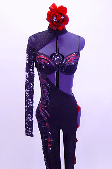 Unique black full unitard has hand painted red and silver swirls along right side and bra. The right leg is black lace down the side, while the left leg is open with rungs of red bands along the length. The right sleeve and shoulder are lace and extent to a high neck collar that reveals the bra. Comes with red and silver rose hair accessory. Front