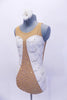 Nude mesh leotard has white sequined lace inserts on sides in a sweetheart shape. The center is covered with AB Swarovski crystals. Back is open with lace band up the center. Comes  with matching  white lace hair accessory. Left side