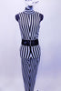 Black and white vertical stripped unitard has high collar and open back. It is lined in body with soft stretch knit.  Costume comes with wide black stretch belt accent and black & white feather accessory with birdcage veil. Front